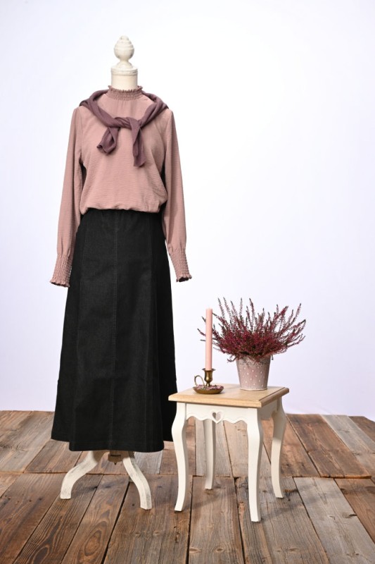 Godet Black Denim Skirt